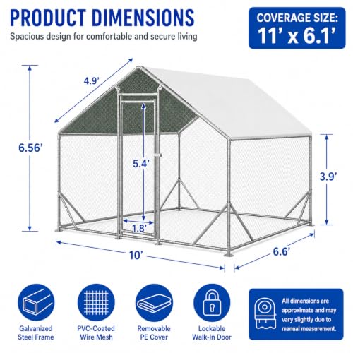 Large Metal Chicken Coop Run with Removable PE Cover, Walk-in Galvanized Steel Poultry Enclosure with PVC-Coated Wire Mesh and Lockable Door for Chickens, Ducks and Rabbits (10'Lx6.6'Wx6.56'H) - size: 10'Lx6.6'Wx6.56'H