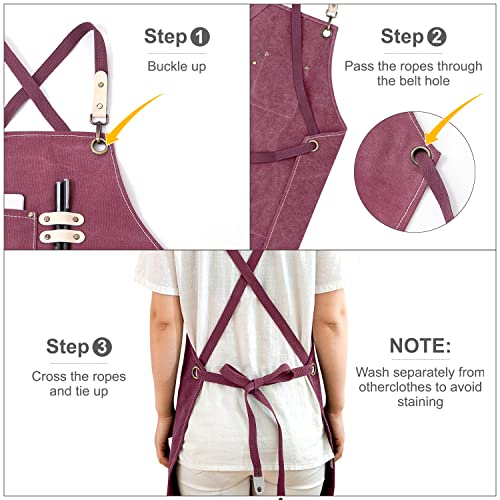 Hongsome Cotton Canvas Cross Back Apron for Art Painting Garden Chef Bartender Work,Women Men 3 Pockets Waterproof M-XXL - color: Purple