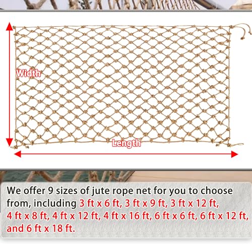 Jute Hemp Rope Nets for Safety and Decoration: Indoor & Outdoor Use, Kids' Climbing, and Versatile Protection (4ft x 12ft) - size: 4ft x 12ft