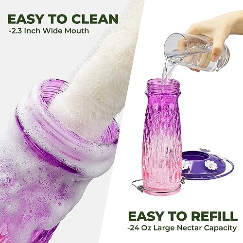 Kingsyard 2 Pack Glass Hummingbird Feeder for Outdoors with Ant Moat | 24 oz, Wide-Mouth Opening, 6 Metal Feeding Ports, Bee Guard, Easy to Clean & Refill Nectar, 360 Degree Perch, Pink & Purple - color: Pink & Purple