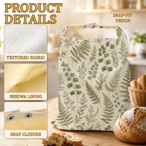 2 Pack Beeswax Linen Vintage Fern Bread Bags, Botanical Leaves Reusable Fresh Keeping Bags for Sourdough & Baguette, Freezable Portable Bread Storage Container 17×13'' - color: Vintage Fern Botanical