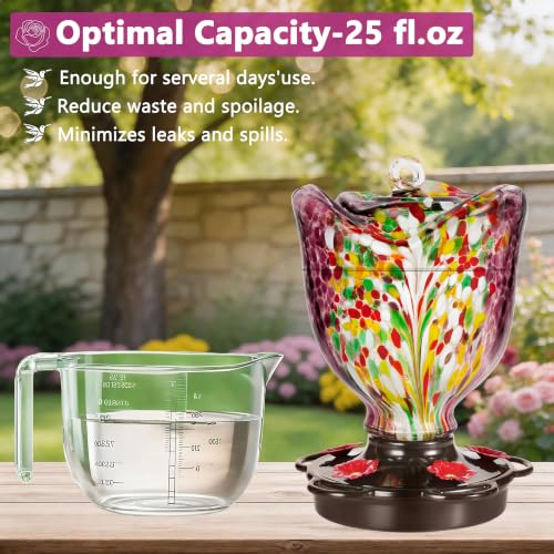 LUJII Rose Shaped Hummingbird Feeder for Outdoor Hanging, Hand-Blown Glass, 25 fl.oz, Leak-Proof and Rustproof, with Ant Moat and 5-Port Metal Cover, Purple - color: Purple