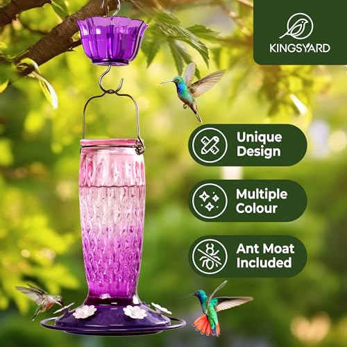 Kingsyard 2 Pack Glass Hummingbird Feeder for Outdoors with Ant Moat | 24 oz, Wide-Mouth Opening, 6 Metal Feeding Ports, Bee Guard, Easy to Clean & Refill Nectar, 360 Degree Perch, Pink & Purple - color: Pink & Purple