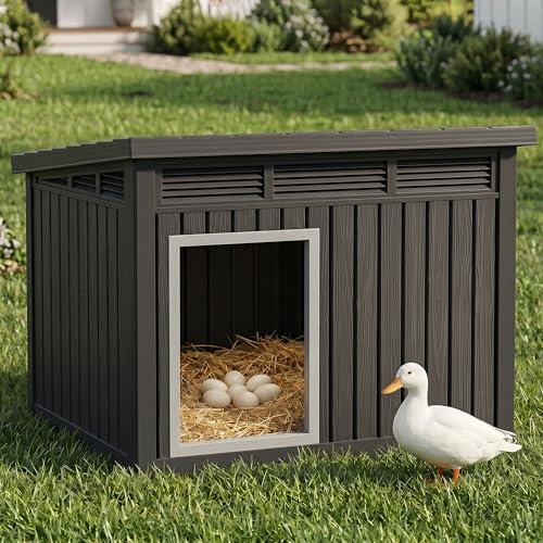 VIXZEN Chicken Coop, Resin PP Material Outdoor Duck House, Wood Grain Finish Sloped Roof Poultry Shelter, Gas Strut Top Opening Ventilated Duck Coop with Spacious Interior & Easy Assembly（Black） - color: Black, size: 42.9"L x 33.0"W x 31.6"H