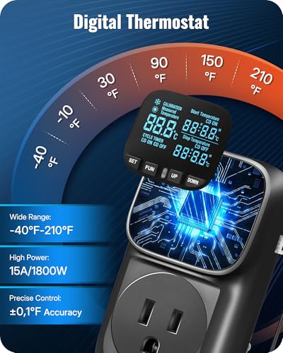 Digital Temperature Controller Outlet, 15A/1800W Heavy Duty Thermostat Plug, VA LCD Display, Heating/Cooling Control, -40°F~210°F, 4 Timer Modes, for Greenhouse Incubator Homebrew B01TC06 - color: Black-6.6ft