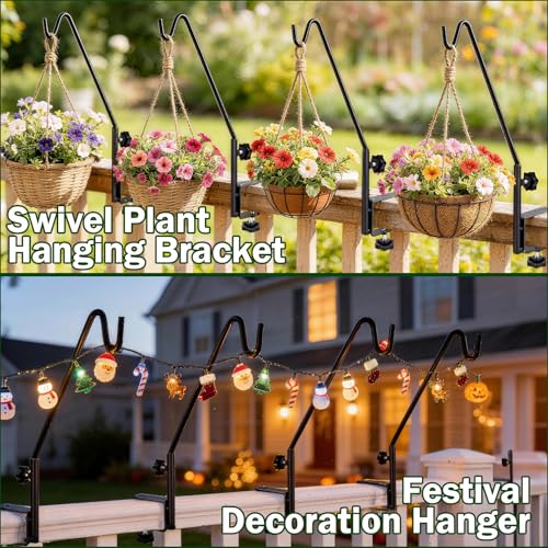15 Inch Deck Hooks Hanger for Railing 2 PCS, 360° Swivel Adjustable | Heavy Duty Solid Shepherds Hooks for Outdoor Hanging Plants, Deck Hook for Bird Feeder, Railing Plant Hanger Bracket Outdoor - size: 15Inch -2PCS