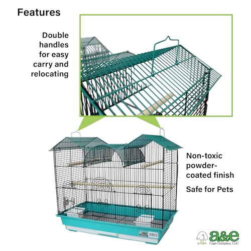 A&E Cage Co Triple Top Bird Cage for Parakeets & Finches, 26"x14"x23" Teal | Decorative Triple Roof, 2 Feeder Stations, 3 Wood Perches, Slide-Out Tray, Carry Handle, Safe Narrow Bar Spacing