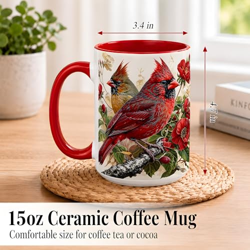 Botanical Cardinal Coffee Mug, Bird Lover Mug, Spring Garden Nature Gift for Home Office, Red Bird Pair with Floral Branch Artwork, Ceramic Red Accent Handle Cup 15 Oz Drinkware (Cardinal 15Oz) - color: Cardinal 15Oz