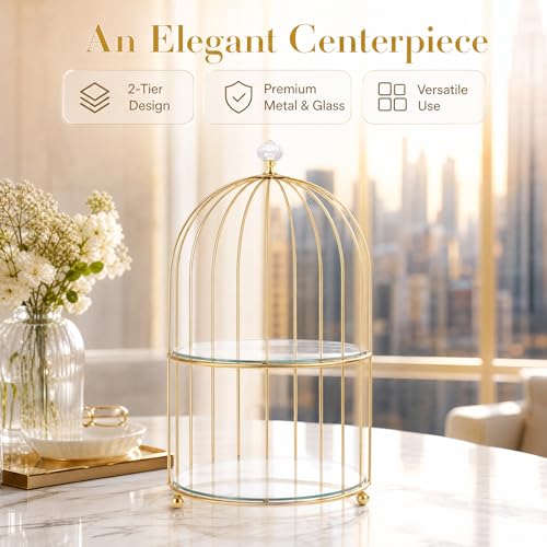 DOITOOL Gold Metal Cupcake Stand Bird Cage Dessert Stand, 2 Tier Dessert Display Stand Cake Holder for Wedding, Party, Birthday, Baby Shower Celebrations, Table Decorations