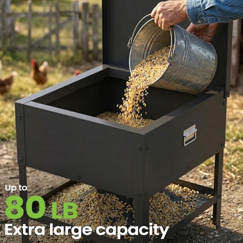 Metal Chicken Feeder, 56L Large Capacity Galvanized Steel Poultry Feeder with Raised Legs, 18 x 19.3 x 18 in Feed Storage Bin for Chickens, Ducks and Backyard Coop, Black