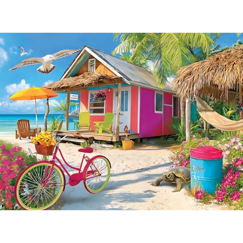 500 Piece Puzzle for Adults, Beach House Jigsaw Puzzle | Colorful Seaside Cottage Puzzle with Palm Trees and Pink Bicycle, Large Piece Puzzles, Fun and Challenging Family Games - style: Red houses on the beach