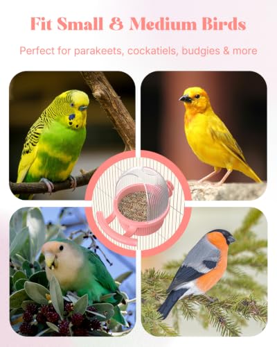 Pawfly No Mess Bird Feeder, Bird Cage Feeder, Bird Bowls for Cage, Bird Feeder for Cage, Bird Water Dispenser, Parakeet Feeder Waterer for Parrot, Cockatiel, Budgie & Lovebird,Pink - color: Pink