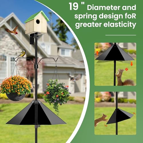 YINGYM Bird House Pole for Outdoors with Metal Squirrel Baffle, 95 Inch | Adjustable Bird Feeder Stand Pole with 2-Hooks for Hanging, Heavy Duty Metal Mounting Kit for Garden, Backyard and Patio - size: 95 inch with baffle