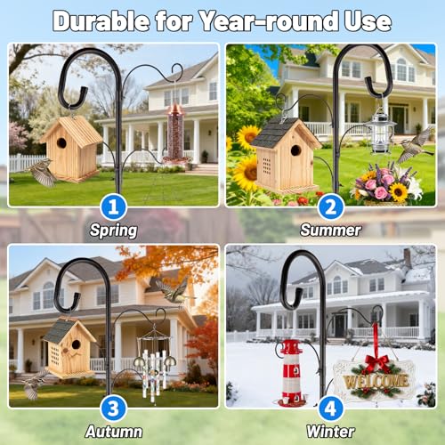 4-Hook Shepards Hooks for Outdoor,Adjustable 92 Inch Bird Feeder Pole with 5 Base Prongs,Garden Planter Stakes Suitable for Garden in Hanging Flower Basket,Lantern,Outdoor Décor