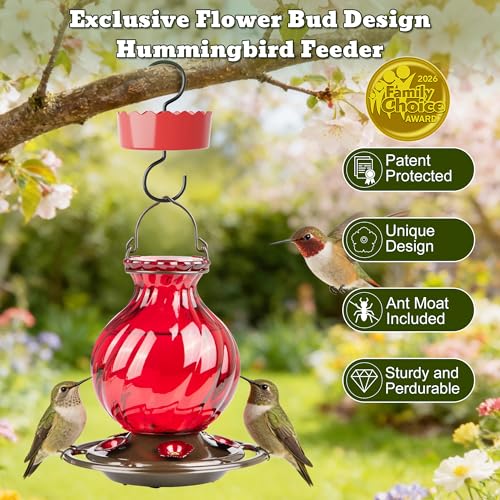 Auslar Glass Hummingbird Feeders for Outdoors Hanging, Red, 26 Oz | Hummingbird Feeder with Ant Proof Moat, 5 Bee Proof Feeding Ports, 360°Perch, Leak-proof, Outside Garden Backyard Decor - color: 1. Red