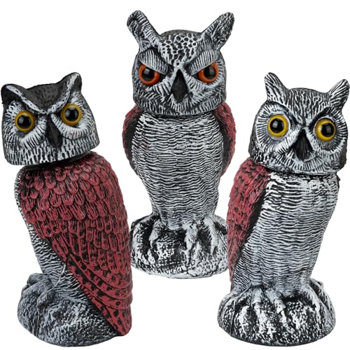 3-Pack Fake Owl Decoys to Scare Birds Away, Rotating Head Plastic Owl Bird Deterrents, Nature Enemy Scarecrow Plastic Statues, Pest Repellent for Gardens and Patios