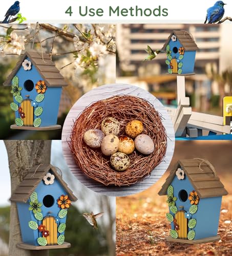 Wooden Bird Houses for Outside,Farmhouse Hanging Blue Birdhouse | Decorative Birdhouses for Outdoors,Bird Box Nest,Humming Bird House for Garden Patio Decor
