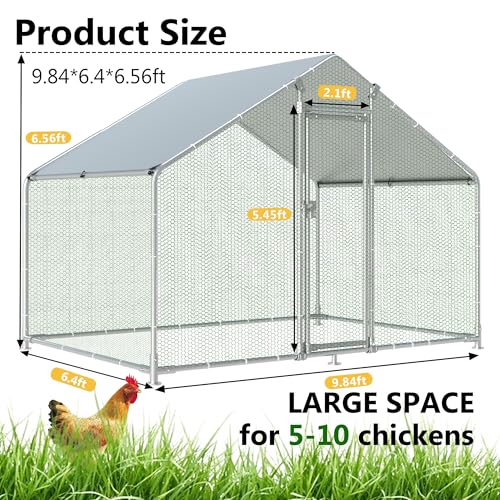 HITTITE Large Metal Chicken Coop with Run, 9.84 x 6.4 x 6.56 ft Walk in Poultry Cage Chicken Run Pen, Outdoor Chicken Runs for Yard with Waterproof & Anti-UV Cover - size: 118.0"L x 76.8"W x 78.7"H