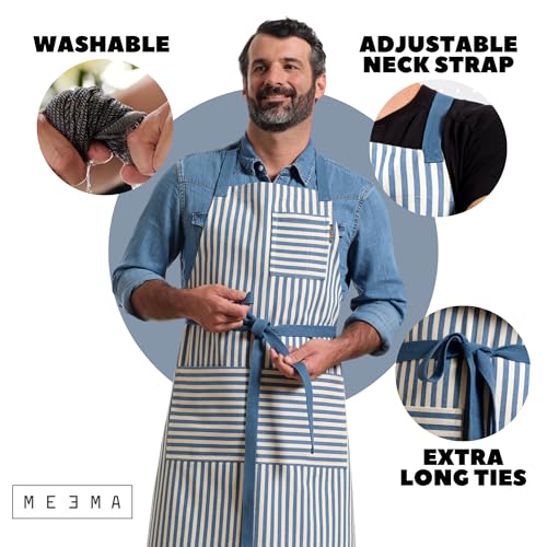 Chef Aprons for Women with Pockets, Adjustable Bib Aprons for Cooking - color: Blue Striped