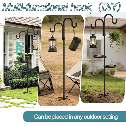 Upgraded 74" Double Shepherds Hooks，Outdoor Bird Feeder，Hanging Plants，Wind Chime Hanger, Waterproof Metal & Adjustable-Height Pole Holder for Lantern ，Hummingbird Feeder，Wreath （2 Placement Racks)