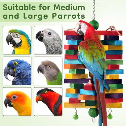 ERKOON Extra Large Bird Parrot Toys for Macaws, African Grey, Amazon Parrots Multicolored Natural Wooden Blocks Parrot Chewing Toy Bird Cage Bite Toy