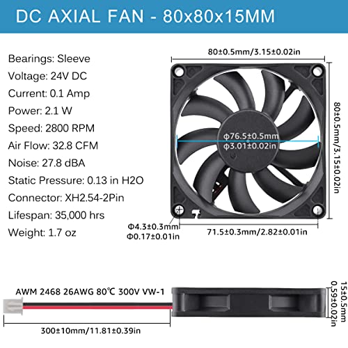 GDSTIME 80mm x 15mm 24V 2Pin DC Brushless Cooling Slim Computer PC Case Fan | for 3D Printer Motherboard Power Supply, Incubator, Electronics Enclosure Ventilation - 80x80x15mm, 8015 - size: 80x15mm