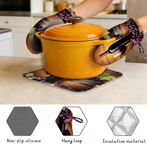 Kitchen Mitts Set,Grape Wine Bottle Oven Mitts and Pot Holders Sets,Thick Cotton Heat Resistant Farmhouse Barrel Hot Pan Holder Extra Long Cooking Mitts for Cooking Baking Grilling BBQ Bakeries - color: Grape Wine Bottle