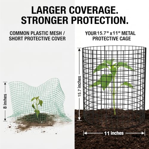 3Pack 17x14 Inch Green Coated Galvanized Wire Plant Protectors, 9Pcs Mesh Cloches with Stakes & Zip Ties, Chicken Wire Cage for Rabbits Squirrels Chickens, Garden Vegetable Seedling Protection