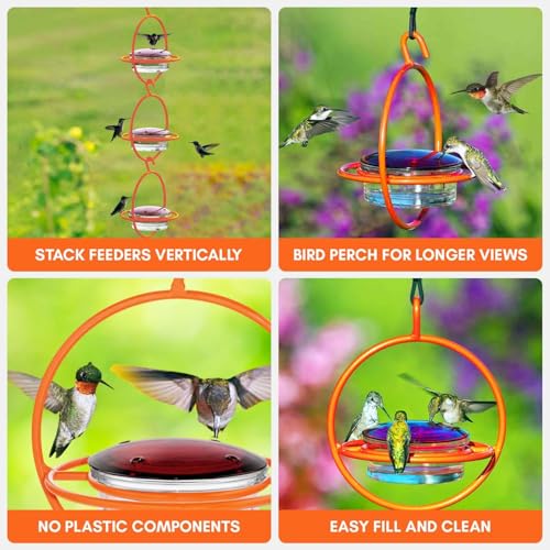 Hummingbird Feeder for Outdoors Hanging, 3.4 OZ Hummingbird Feeders, Glass Bowl with 4 Feeding Ports, Leak Proof Lid & Circular Perch, Orange Bird Feeder, Unique Hummingbird Feeders - color: Orange