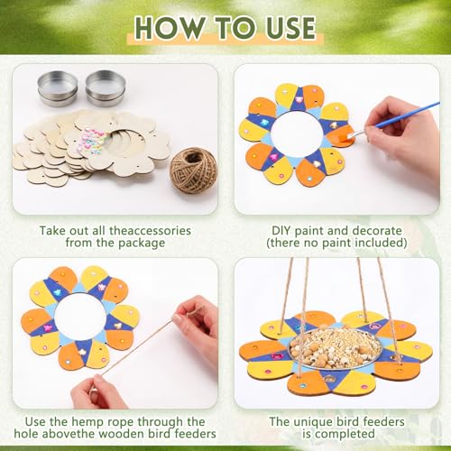CroBlissful 12 Pack Bird Feeder Craft Kits for Kids DIY Your Own Bird Feeders with Paint and Paintbrushes Wooden Arts and Crafts for Kid Ornaments to Paint Feeders Craft for Garden (Petal Shaped) - style: Petal Shaped