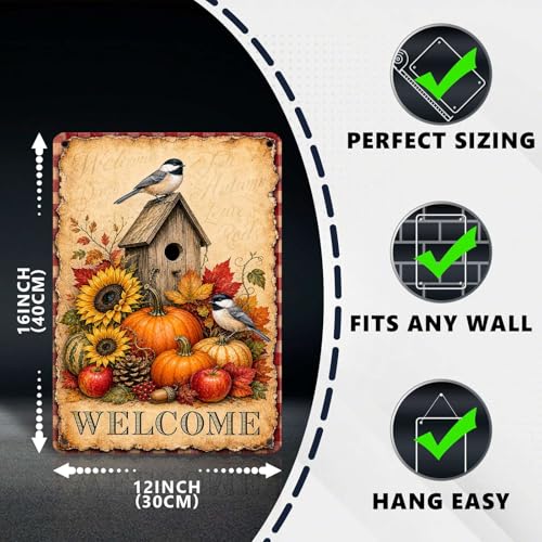 Thanksgiving Birdhouse Chickadee Sunflower Pumpkin Tin Sign Vintage Fall Wall Decor for Kitchen Dining Room Living Room Porch Entryway and Farmhouse Home Decor 16 * 12In - color: Vintage Thanksgiving Tin Sign 13, size: 30X40cm(12*16in)