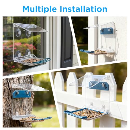 Window Bird Feeder for Outdoors with Strong Suction Cups,Sturdy and Durable Acrylic Birdfeeders for Viewing Wild Birds Outside,Mount On Window/Wall/Bird Pole Kit