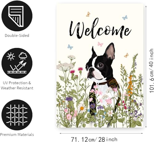 Floral Boston Terrier Garden Flag 28 x 40 Double Sided Multicolored Flower Dog Yard Flag for Outdoor Welcome - color: p-boston