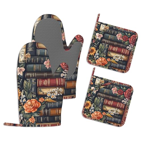 Retro Books Pot Holders and Oven Mitts,Vintage Flowers Oven Mitts Heat Resistant Cotton Lining Anti-Slip Silicone Kitchen Mitts Set Hot Pads for Microwaves Cooking Baking Grilling - color: Retro Books