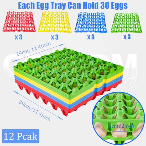12 Pack Plastic Egg Tray 30 Cell Egg Crates Egg Flats Stackable Egg Carton for Home, Chicken Farmers, Storing, Sorting, and Shipping Eggs, Holds Multiple Eggs, 4 Colors