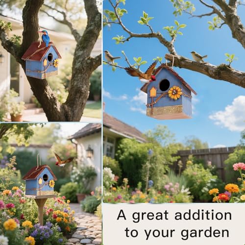 DEWEL Bird Houses for Outside Clearance, Hanging Birdhouses for Outdoors, Garden Wooden Blue Bird Houses for Outdoors, Bird Nesting Box for Bluebird Finch Swallow Wren Chickadee, Gift for Bird Lovers - color: Blue
