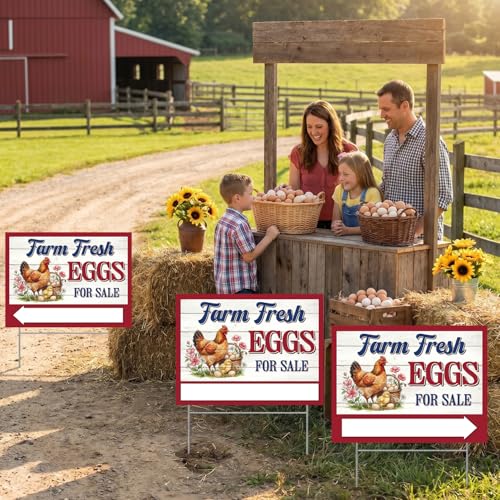 Rngmsi 3PCS Farm Fresh Eggs for Sale Sign, 16 X 12 Inch Double Sided Fresh Eggs Sign Farmers Market Decor, Waterproof Metal Mark with 6 Stakes for Indoor Outdoor Yard Business Supplies Home Decor - color: Farm Eggs