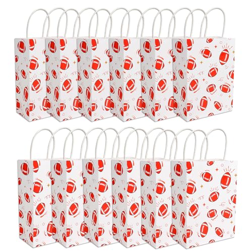 12 PCS Football Paper Bags with Handles for Goodie Candy Treat Goody Snack Gifts Wrap Football Theme Birthday Team School Class Party Favors Supplies Bulk Trunk or Treat Tailgate Plastic Baggies - color: 12pcs football bags