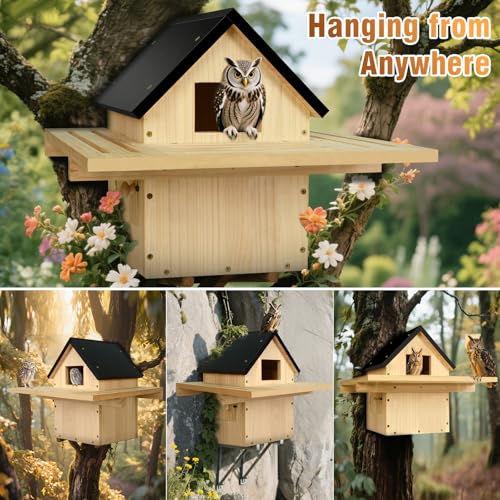 Owl House, Screech Wooden Owl Nesting Box, Weatherproof Design with Bird Stand, Large Opening, Mounted Birdhouse for Garden & Outdoor