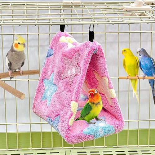 2 Pack Warm Bird Nest Plush Snuggle Bird Hammock Hanging Bird Cave Parrot Sleeping Bed Shed Hut Hanging Tent for Budgies Finch Parakeet Cockatiel Cockatoo Lovebird-Star Pattern (Pink&Green) - color: Pink&Green(Star)