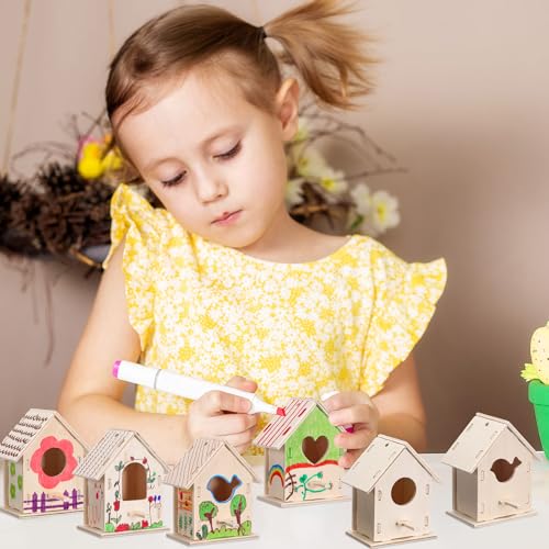 Outus 24 Pcs Wooden DIY Birdhouse Kits for Kids to Build, 4 Shapes Birdhouse Kit Wooden Unfinished with Butterfly Sticker for Boy Girl Arts Crafts(Lovely) - style: Lovely