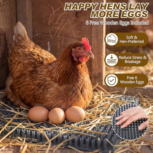 Gray 6 Pack Chicken Nesting Box Pads with 6 Pcs Fake Wooden Eggs Washable Artificial Grass Nesting Pads Reusable Plastic Bedding Laying Mats for Chicken Coop, 12" x 12" - color: Gray