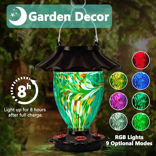 LUJII Solar Powered Color Changing Hummingbird Feeder for Outdoors Hanging, Hand Blown Glass Reservoir, 32 fl.oz, Never Leak, Illuminated Lantern for Garden Decor, for Bird Lover (Teal) - color: Teal