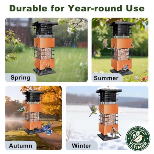 Squirrel Proof Bird Feeder,3.5Lb,4 Ports,Weight Activated,Easy Refill | Weight-Activated Shutoff Blocks Squirrels & Pigeons.Chew-Proof Build For All Weather.Large Capacity,Fast Refilling & Cleaning - color: Brown