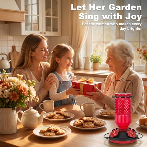 Glass Hummingbird Feeder for Outdoors Hanging, 16 oz Leak-Proof Nectar Feeder with Bee Guards & Ant Moat, 4 Metal Flower Feeding Ports, 360° Perch Ring, Easy Refill & Clean, Red - color: Red