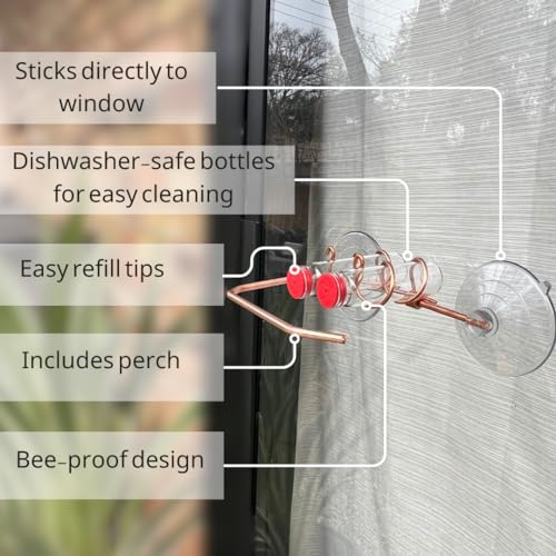 Duo Feeder | Window Hummingbird Feeder | Copper and Aluminum | Multiple Stations | Modern Hummingbird Feeder | Glass Bottles | Suction Cups (Copper, Two Station - Wide Perch) - size: Two Station - Wide Perch