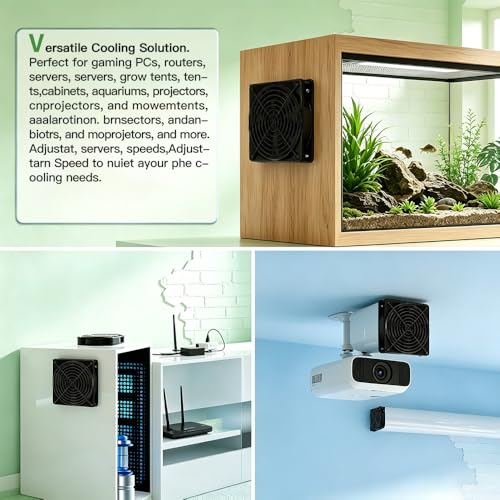 120mm AC Computer Cooling Fan, 110V-240V Speed Controller, for PC, Router | Wall plug exhaust with 5ft cord, metal guard, 25mm thick, for AV cabinet, receiver, amplifier, electronics, and greenhouse