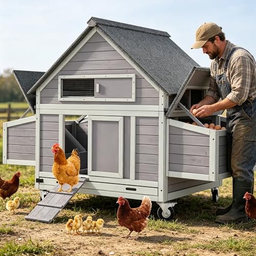 GUTINNEEN Large Chicken Coop for 4-6 Chickens, Movable Thickened Wooden Hen House on Wheels with Easy Clean Removable Tray & 2 Nesting Boxes, Extra Large Outdoor Duck Cage & Rabbit Hutch - color: Grey 14.61ft²