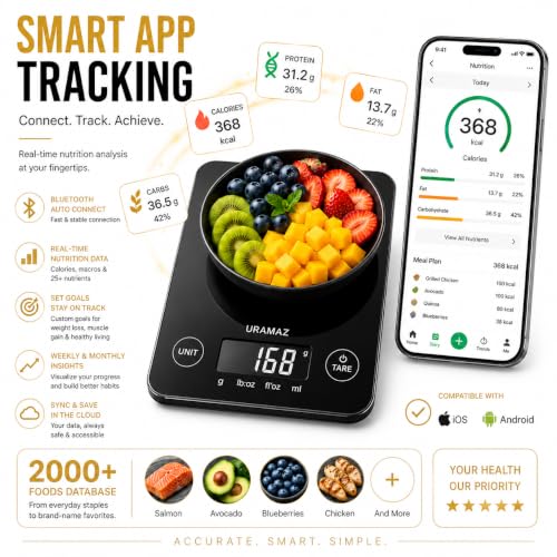 URAMAZ Smart Food Scale with Nutritional Calculator, Digital Kitchen Scale with Bluetooth App for Weight Loss, Food Weight Scale for Diet, Keto, Macro, Calories Counting, Tracking, 11lb - color: Black