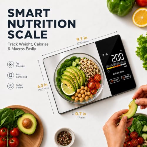 Smart Nutrition Food Scale with App - 1g Precision Digital Kitchen Scale, Tracks Calories & 24 Nutrients, Macros, Fat & Protein for Keto, Fitness & Meal Prep, 11lb/5kg with Tare Function
